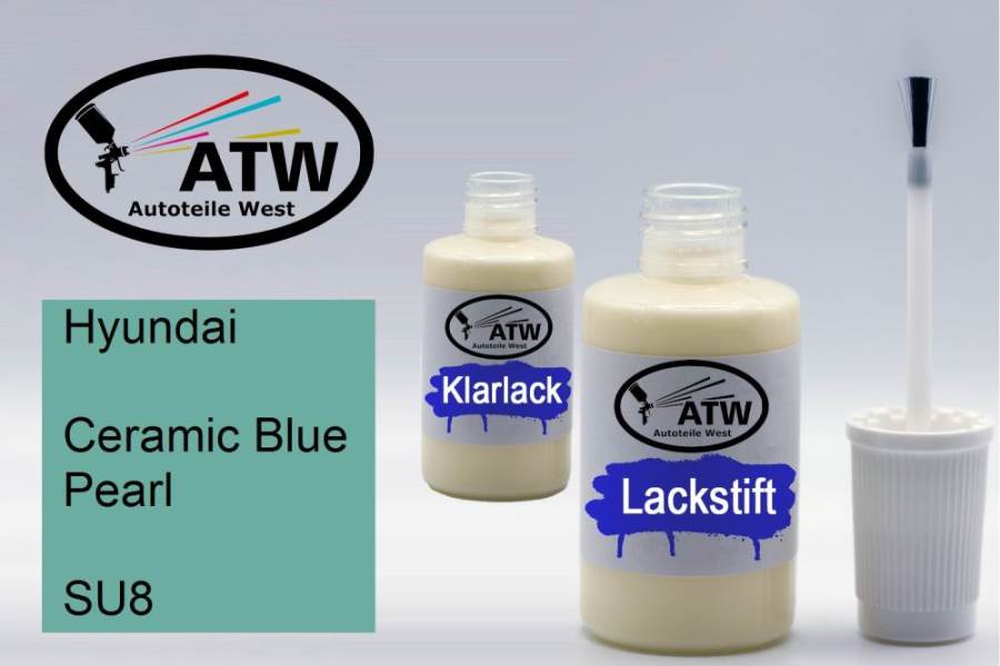 Hyundai, Ceramic Blue Pearl, SU8: 20ml Lackstift + 20ml Klarlack - Set, von ATW Autoteile West.